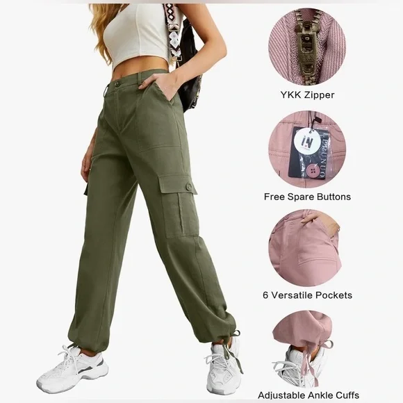 NWT-Lepunuo women's high-waisted, baggy, army green cargo pants - Picture 5 of 11